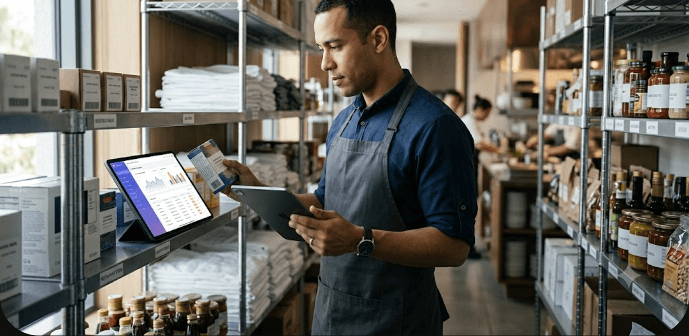 Hospitality staff member checking inventory on a tablet running Elqar