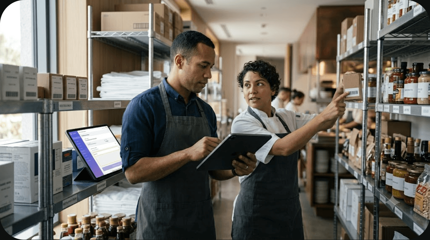 Two hospitality staff members doing a stocktake together with Elqar on a tablet